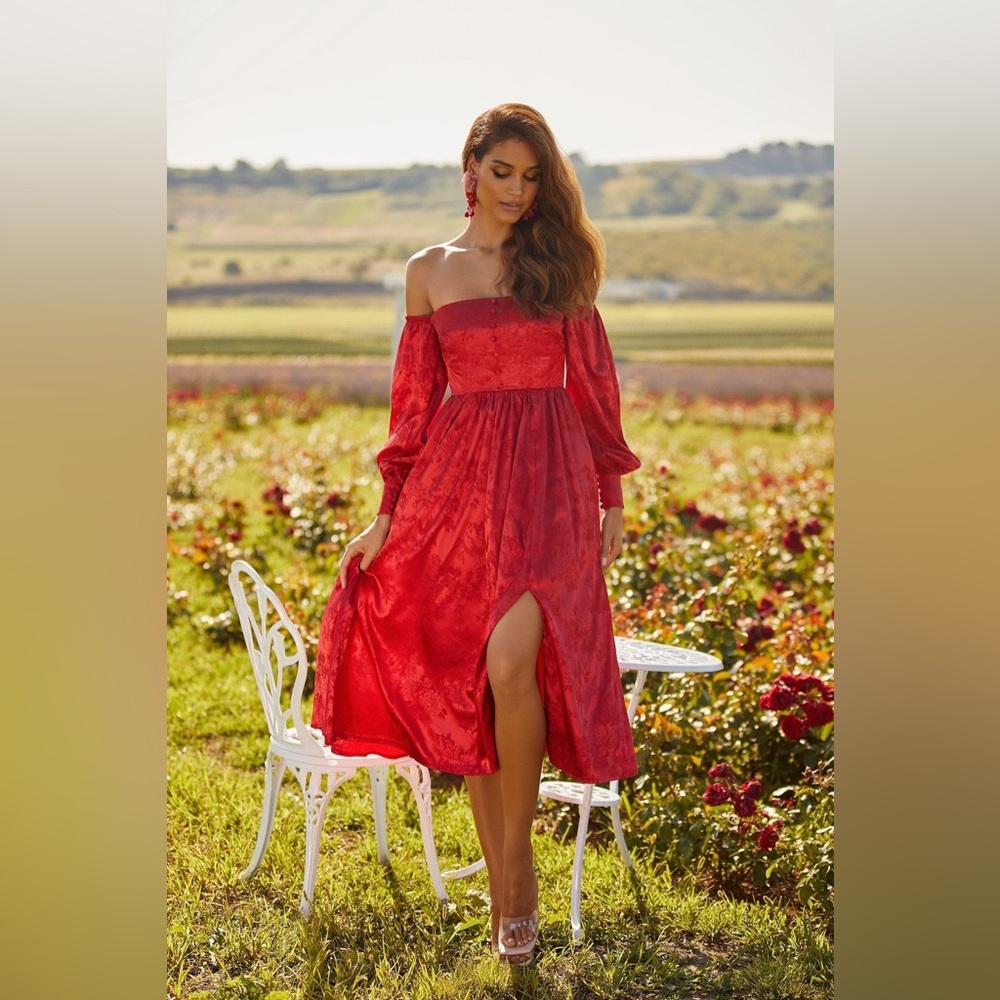 Alamour the label Paula Dress Elegant Wine Red Off-Shoulder